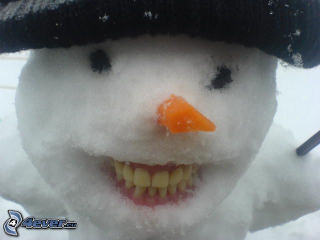 pupazzo di neve, protesi dentaria, carote, cappello