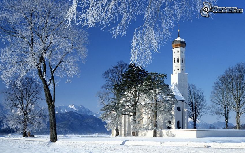 cappella nevosa, alberi coperti di neve
