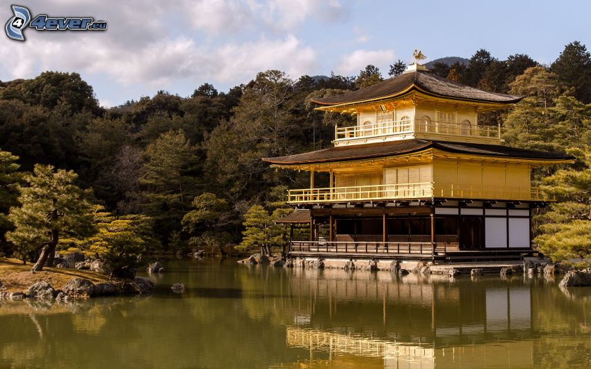 Casa giapponese, foresta, lago