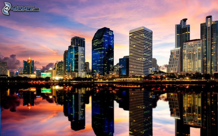 Bangkok, grattacieli, riflessione, città di sera