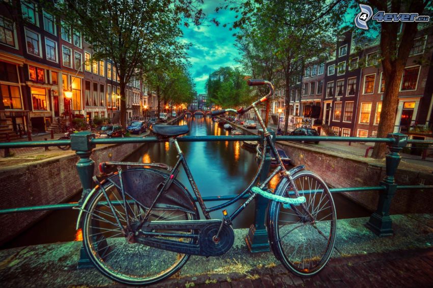 bicicletta, canale, città di sera, Amsterdam
