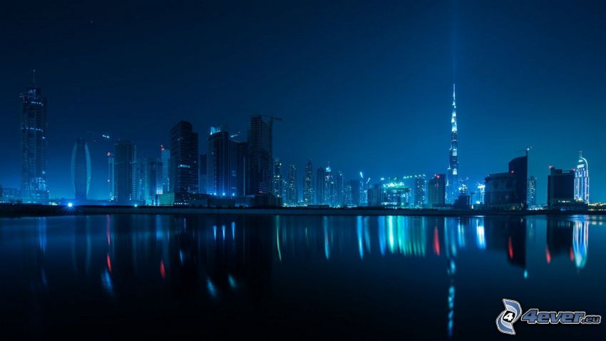 Dubai, città notturno, grattacieli, Burj Khalifa