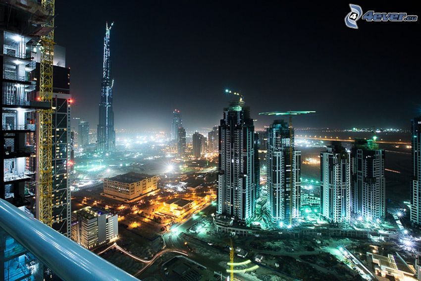 Dubai, Emirati Arabi Uniti, grattacieli, notte, illuminazione, Burj Khalifa