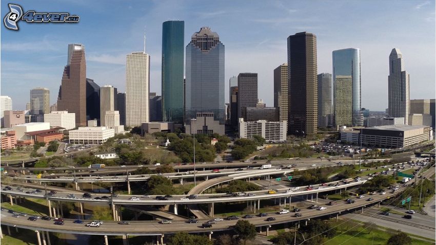 Houston, grattacieli, autostrada