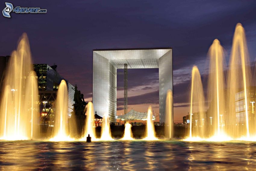 La Défense, fontana, città di sera, Parigi