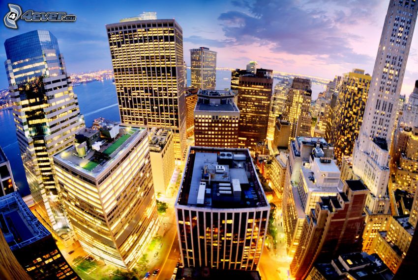 Manhattan, New York, grattacieli, città di sera