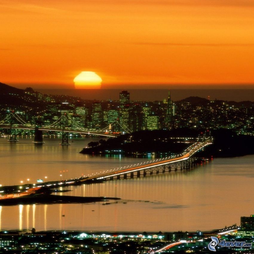 San Francisco, città di sera, tramonto sopra una città, Bay Bridge, Yerba Buena Island, grattacieli