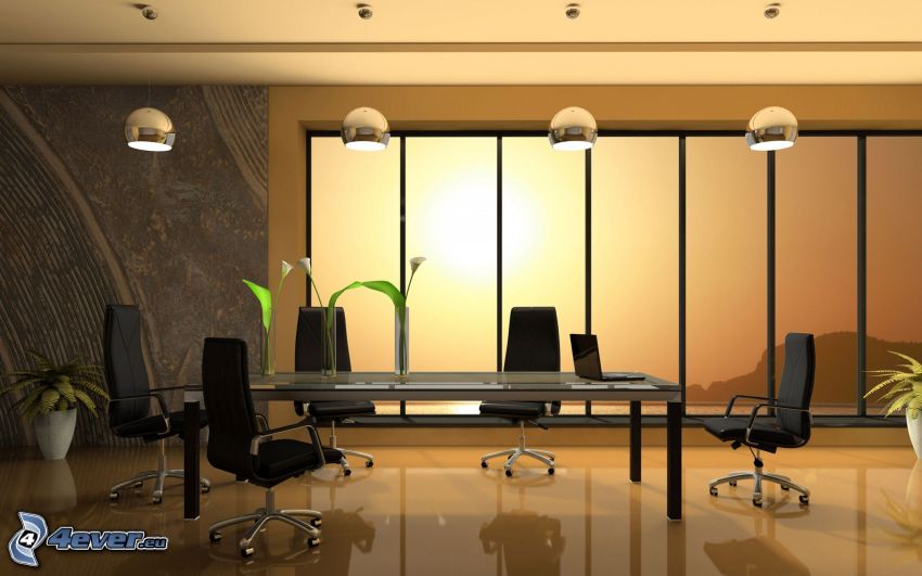 sala riunione, studio ufficio, tavolo, sedie, lampade