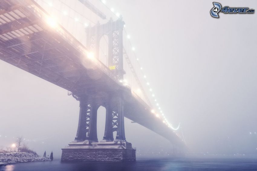 Manhattan Bridge, ponte in nebbia, ponte illuminato