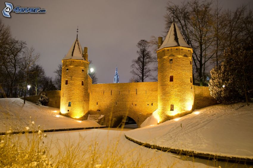 castello, sera, illuminazione, neve
