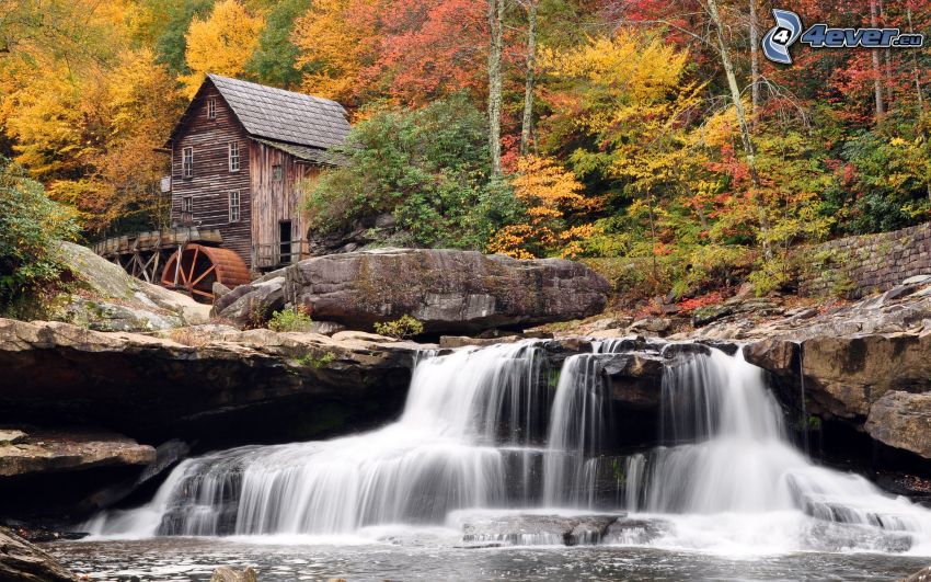 cascata, mulino ad acqua, rocce, alberi colorati d'autunno
