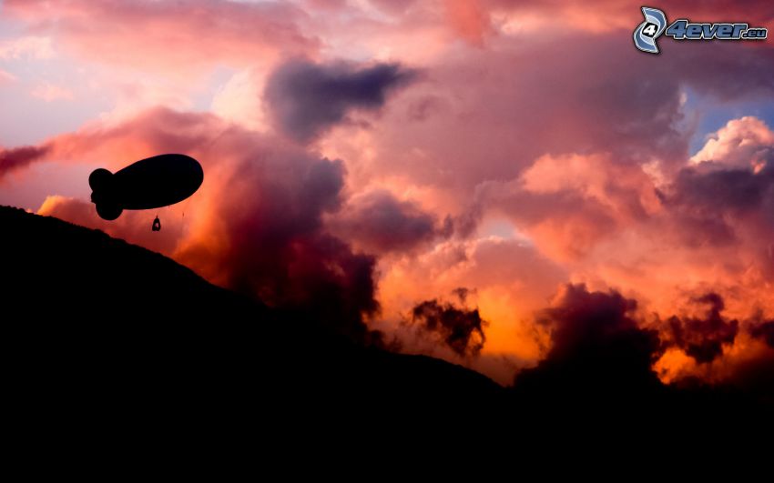 pallone dirigibile, silhouette, nuvole, dopo il tramonto