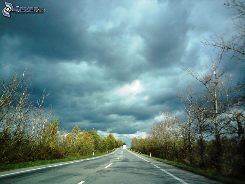 strada, camion, cielo, tempesta, nuvole scure