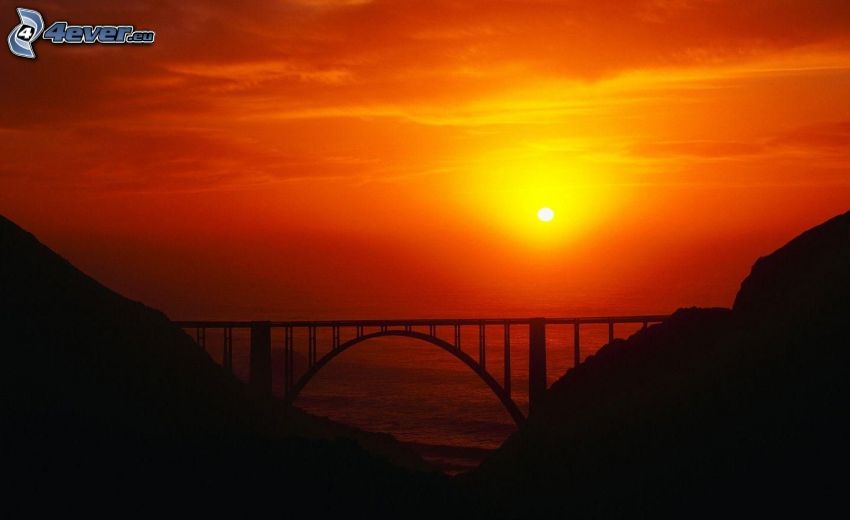 tramonto arancio, ponte, rocce