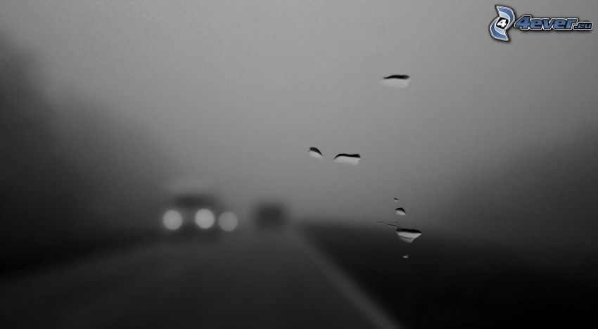 gocce d'acqua, vetro, nebbia, oscurità, strada