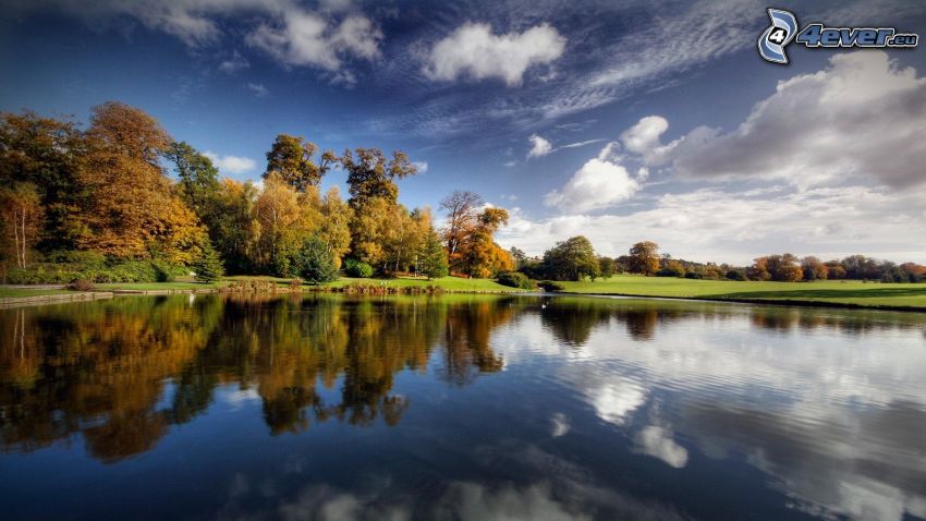 lago, alberi, nuvole