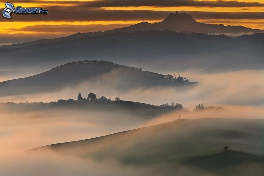 colline, nebbia a pochi centimetri dal terreno, dopo il tramonto