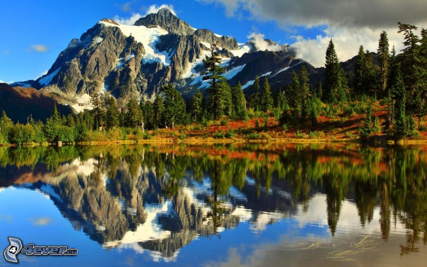 Mount Shuksan, montagna rocciosa, lago, riflessione, foresta