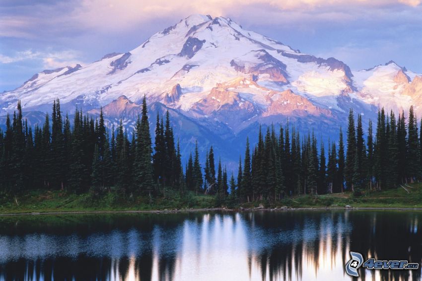 Glacier Peak, Parco nazionale North Cascades, montagna nevosa sopra il lago, alberi di conifere