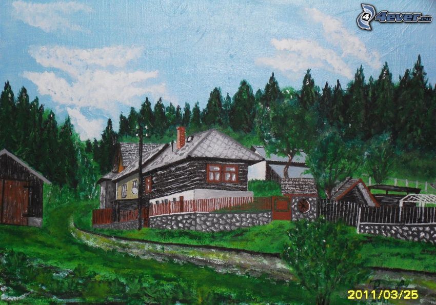 villaggio dipinto, case, foresta, pittura