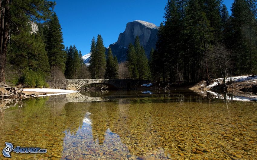 Parco nazionale di Yosemite, ponte di pietra, il fiume, alberi, montagna rocciosa, Half Dome