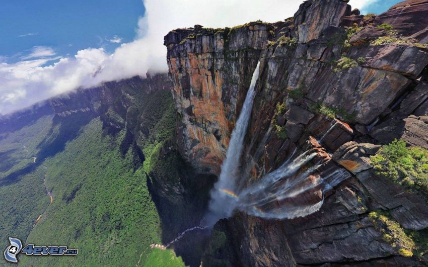 Salto Ángel, scogliera, foresta, nuvole, Venezuela