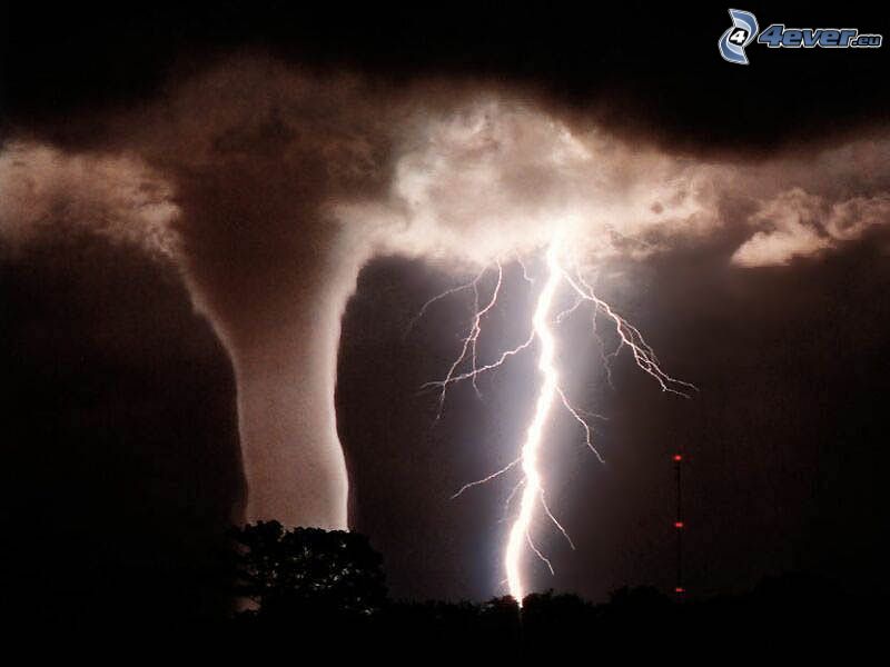 tornado, fulmine, tempesta, notte, nuvole, pioggia, uragano