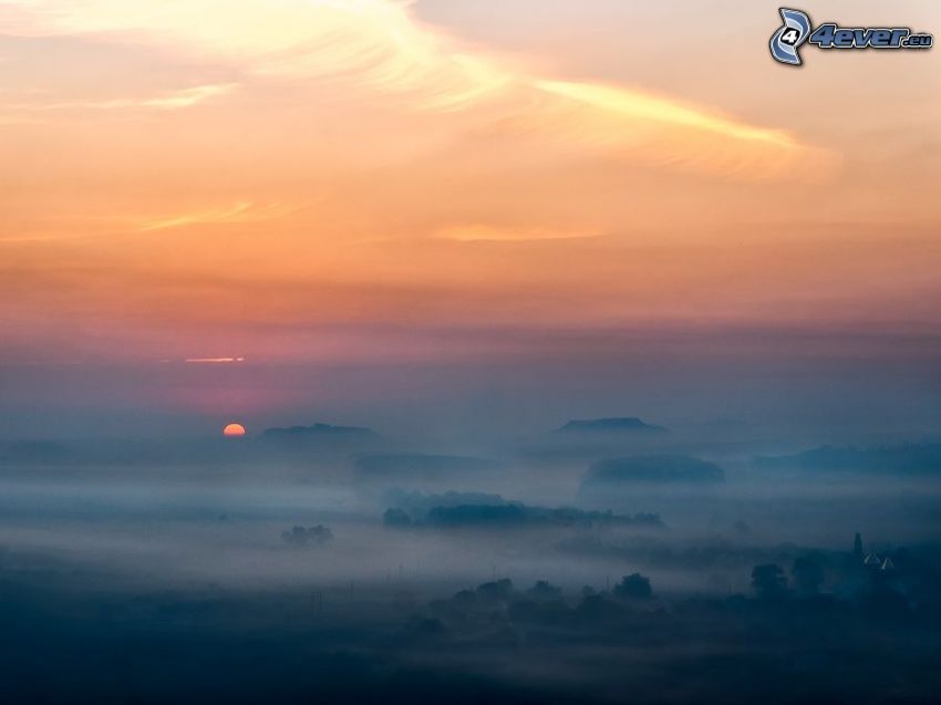 tramonto arancio, nebbia a pochi centimetri dal terreno