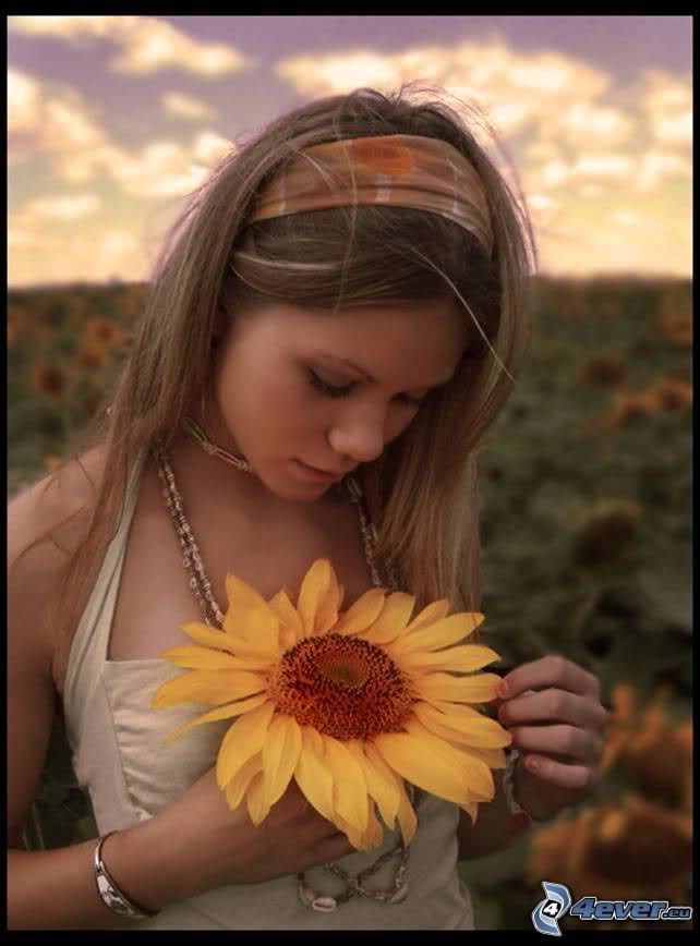 ama - non ama, ragazza sul prato, girasole, fiore