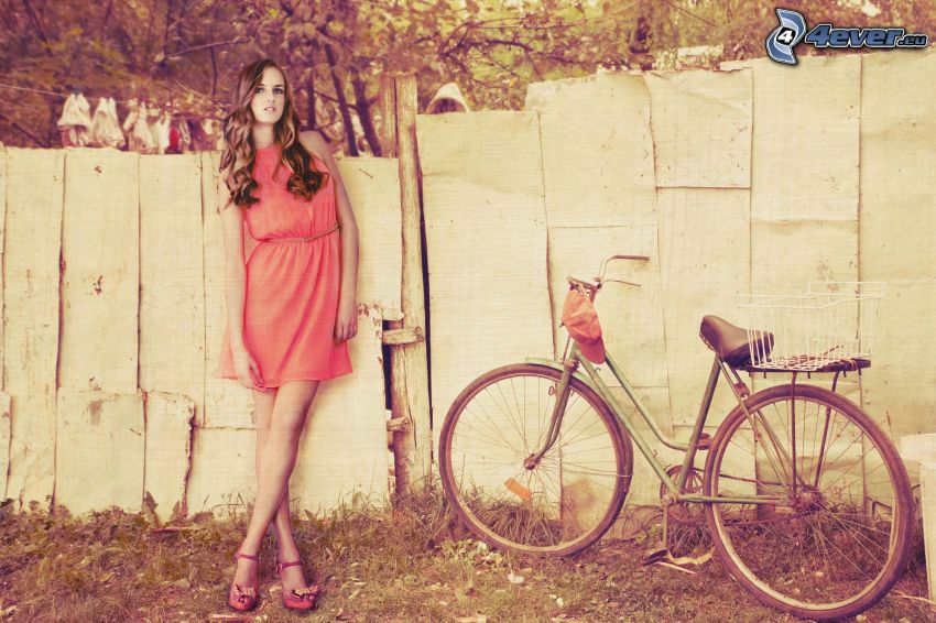 bruna, bicicletta, recinzione, vecchia foto, color seppia