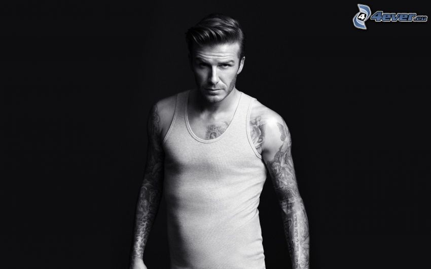 David Beckham, foto in bianco e nero, tatuaggio