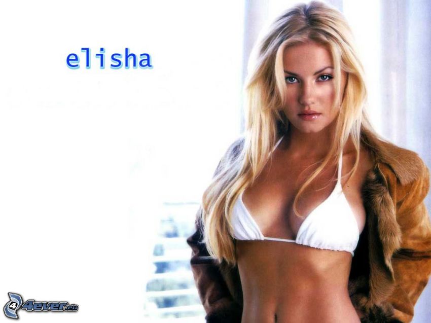 Elisha Cuthbert, bionda sexy, reggiseno bianco, pelliccia
