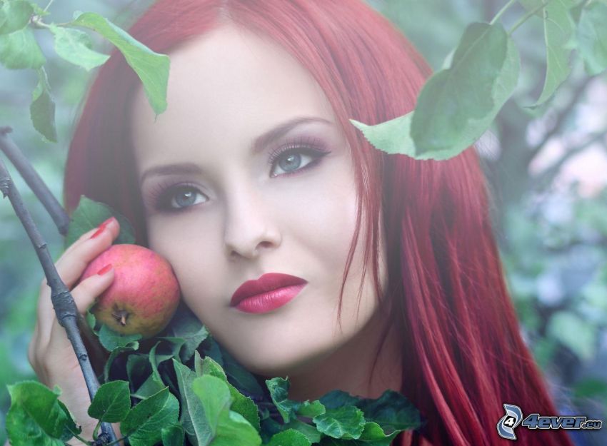 capelli rossi, mela, foglie
