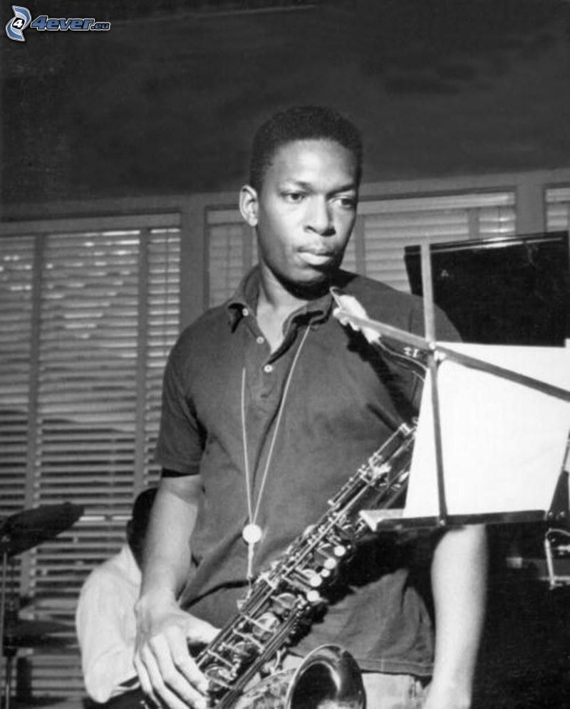 John Coltrane, sassofonista, foto in bianco e nero