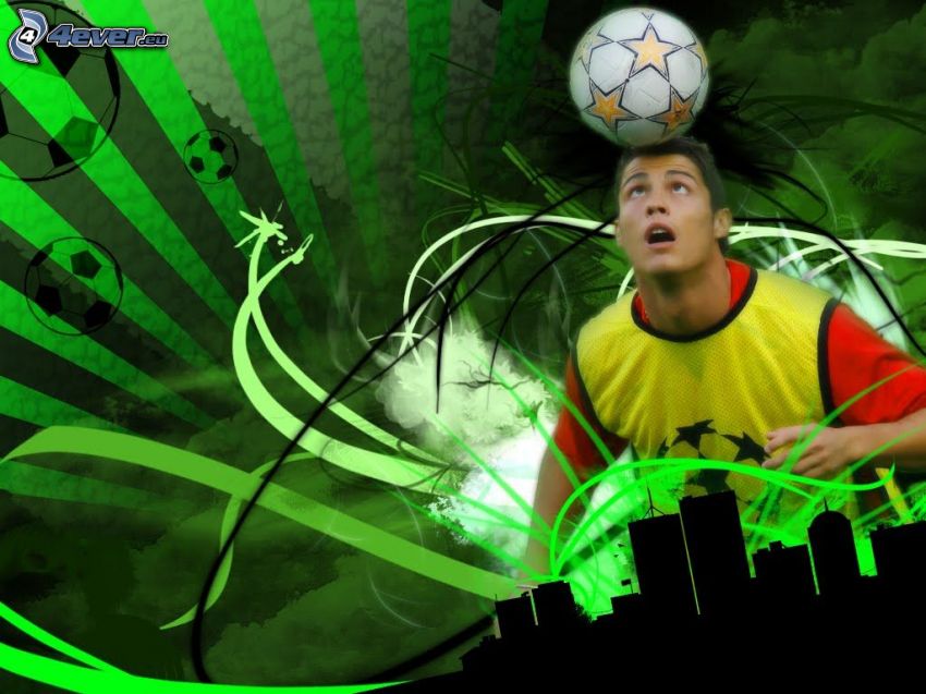 Cristiano Ronaldo, pallone da calcio, siluetta dei grattacieli, sfondo verde