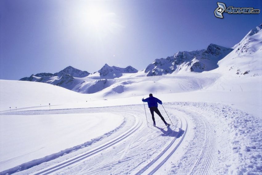 sci, sciatore, sole, colline coperte di neve