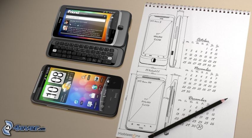 HTC, cellulare, calendario, matita