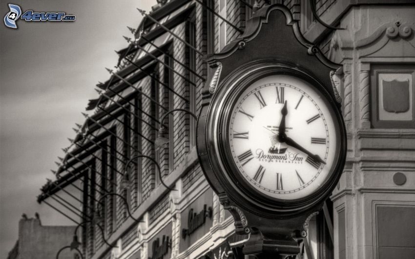 orologio, edificio, foto in bianco e nero