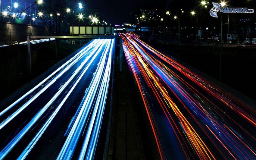 autostrada notturna, luci, città notturno