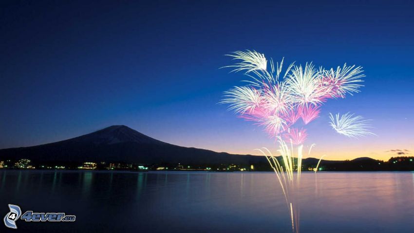 fuochi d'artificio, monte Fuji, lago