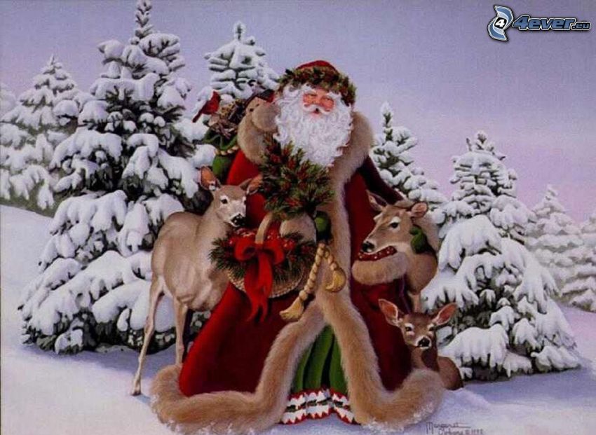 Babbo Natale, alberi coperti di neve, cerve