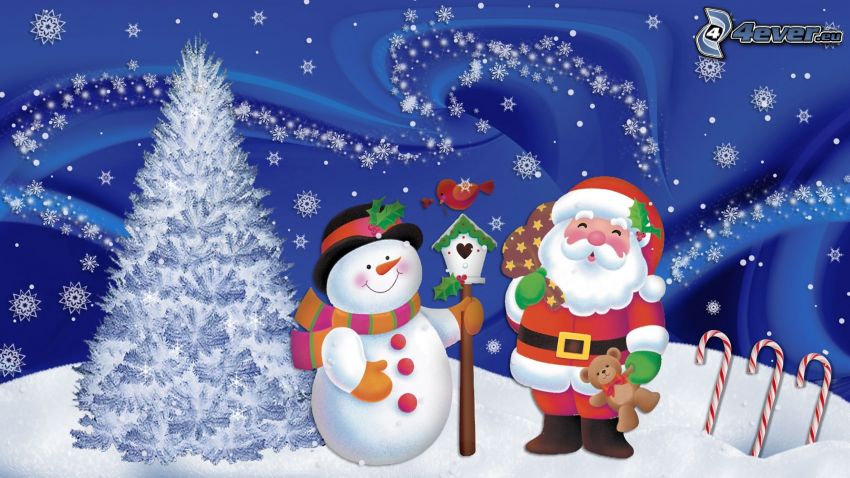 Santa Claus, pupazzo di neve, albero nevoso, cassetta di uccello, fiocchi di neve, cartone animato