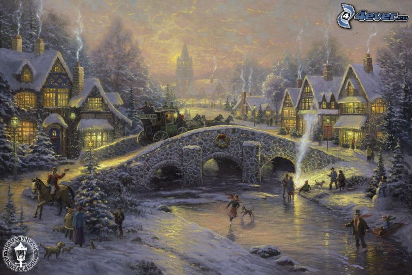 villaggio nevoso, ponte di pietra, il fiume, Thomas Kinkade