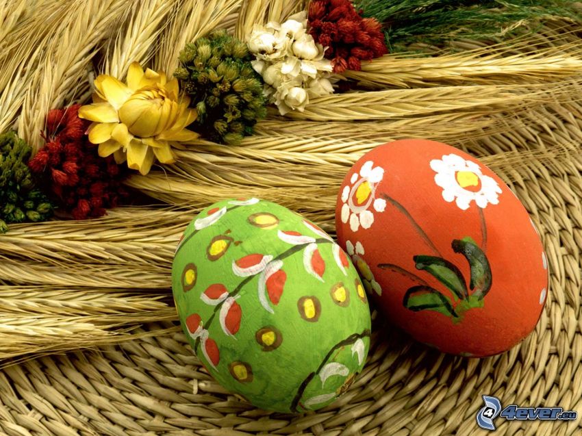 uova dipinte, uova di Pasqua, grano, fiori di campo