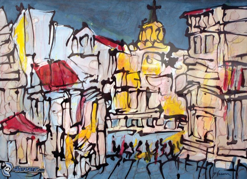 abstract város, templom, rajzolt város