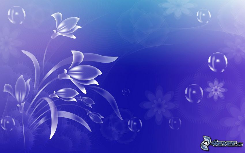 digitális virágok, buborékok, kék háttér