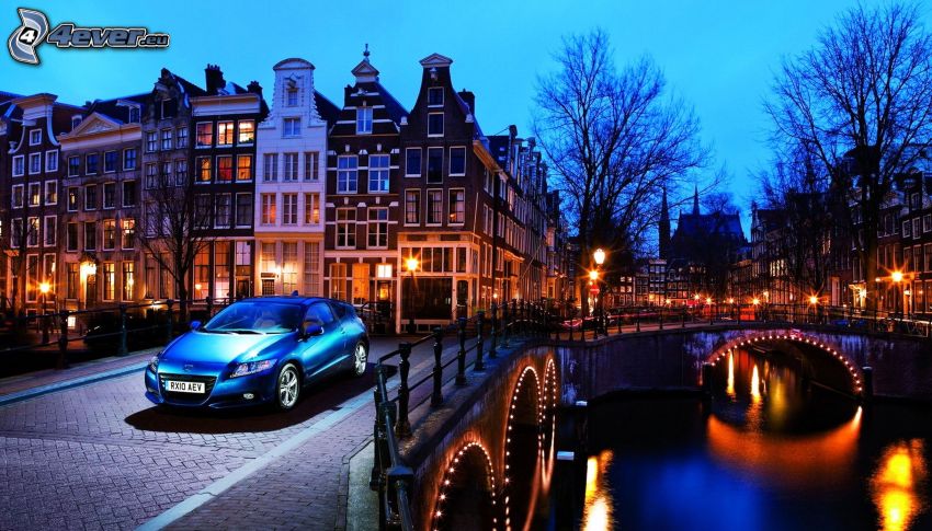 Amsterdam, Honda, esti város, híd, házak, kivilágítás