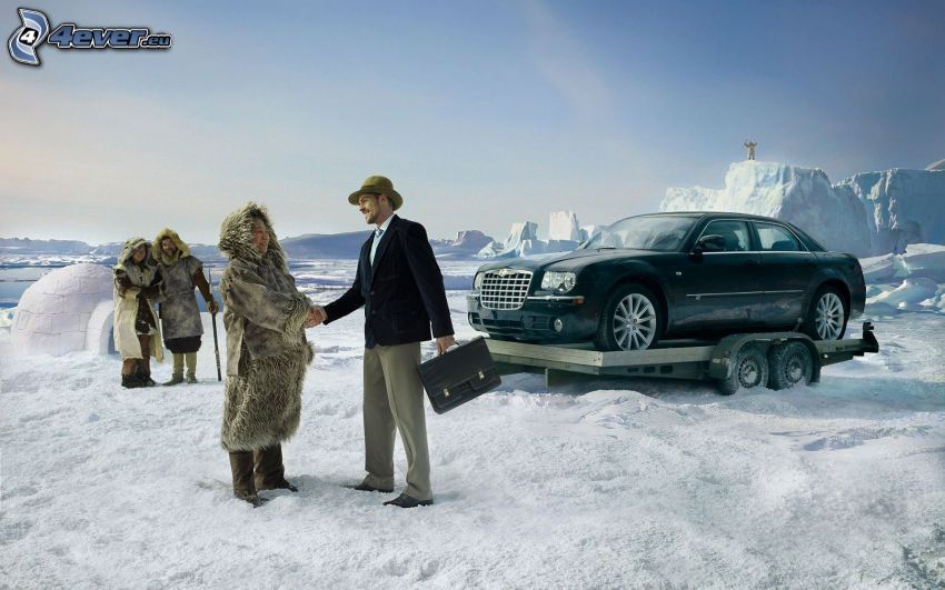 Északi-sark, Chrysler, férfi és nő, hó, iglu