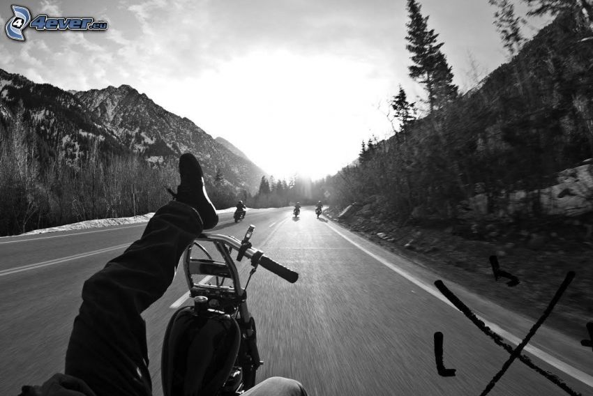 motorkerékpár, út, láb, hegyek