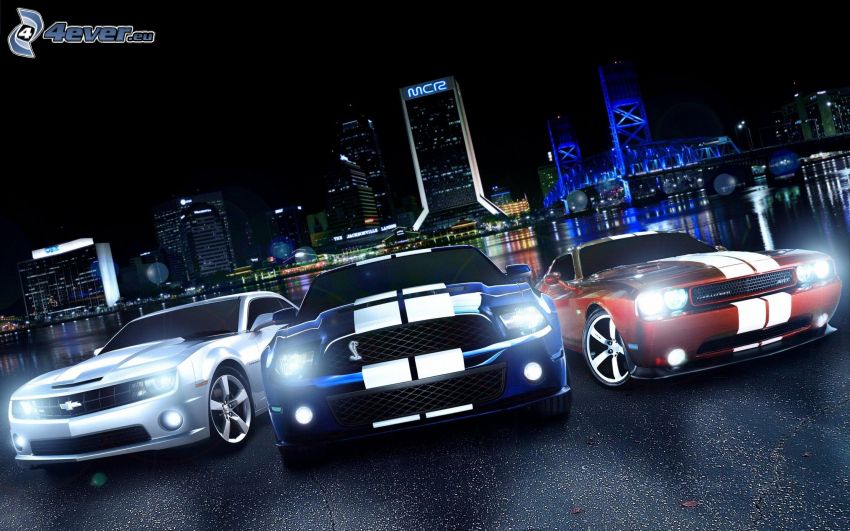 Chevrolet Camaro, Ford Mustang Shelby, Dodge Challenger, fények, éjszakai város